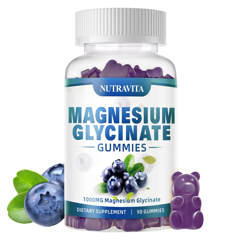 Magnesium Glycinate Gummies 1000 מ"ג עם Magnesium L-Threonate,Chelated Magnesium Potassium תוסף עם VitD, B6, CoQ10, Calcium, Supports for Memory, Calm, Mood - 90mies Blueberrys Blueberrys