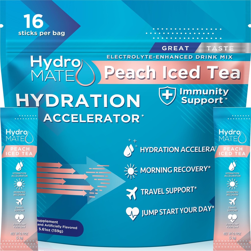 אבקת hydroMATE Electrolyte Peach Teahydrtion Packets Low Sugar