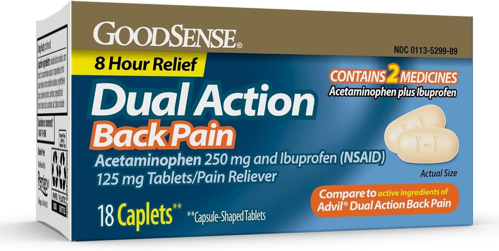 GoodSense Dual Action Acetaminophen ו Ibuprofen (NSAID) Tablet, 250 מ"ג / 125 מ"ג, כאבי גב, 18 Count