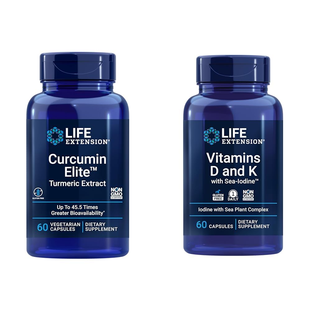 Life Extension Curcumin Elite Turmeric לחלץ, מקדם תגובה דלקתית בריאה ויטמין D ו-K עם Sea-Iodine, ויטמין D3, ויטמין K1 ו-K2