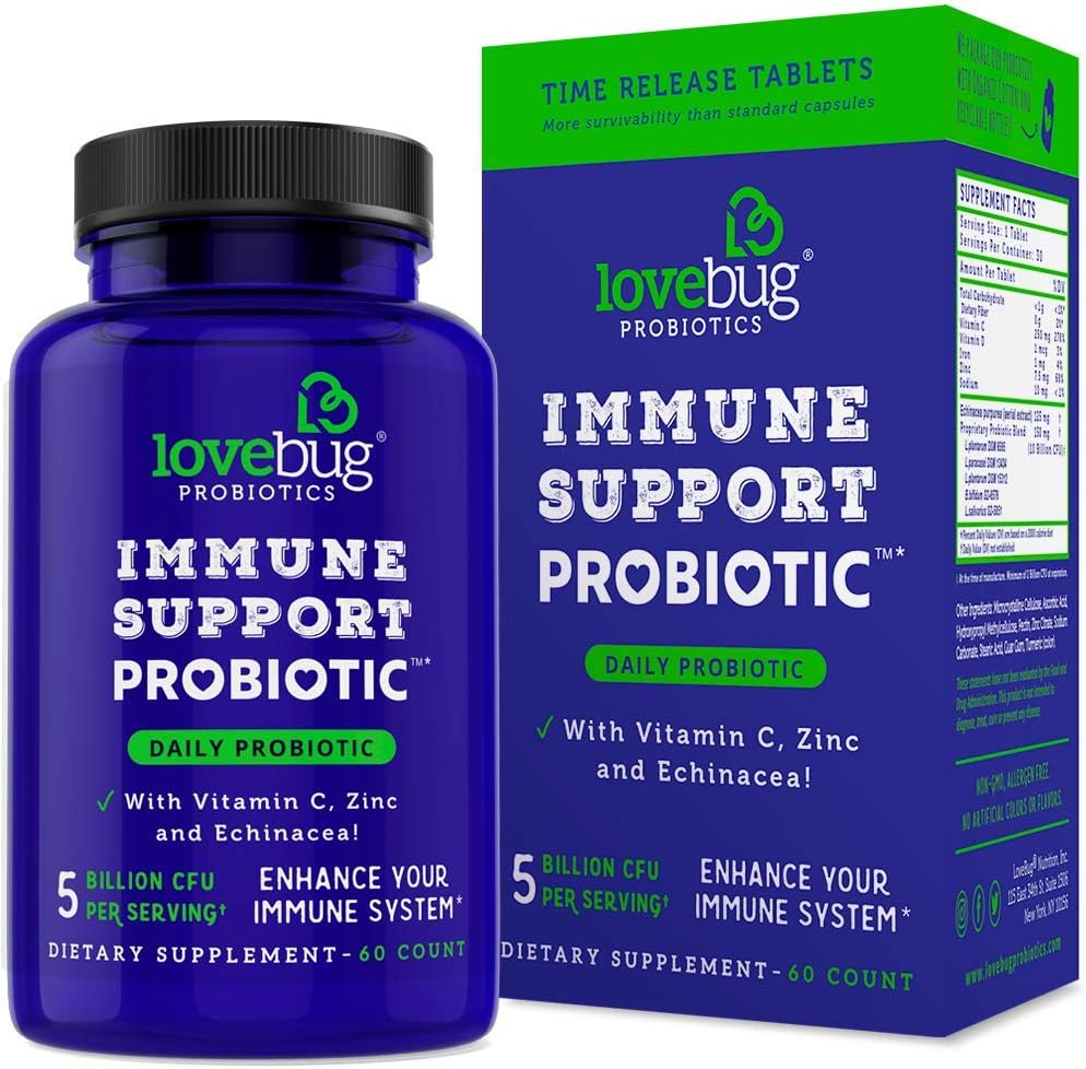 Lovebug PROBIOTICS Immune Support Daily Probiotic for Men & Women, 40 מיליארד CFU & 6 סטרינס, כולל ויטמין C, Zinc & Echinacea, 30 קפסולות, טבעוני ללא GMO