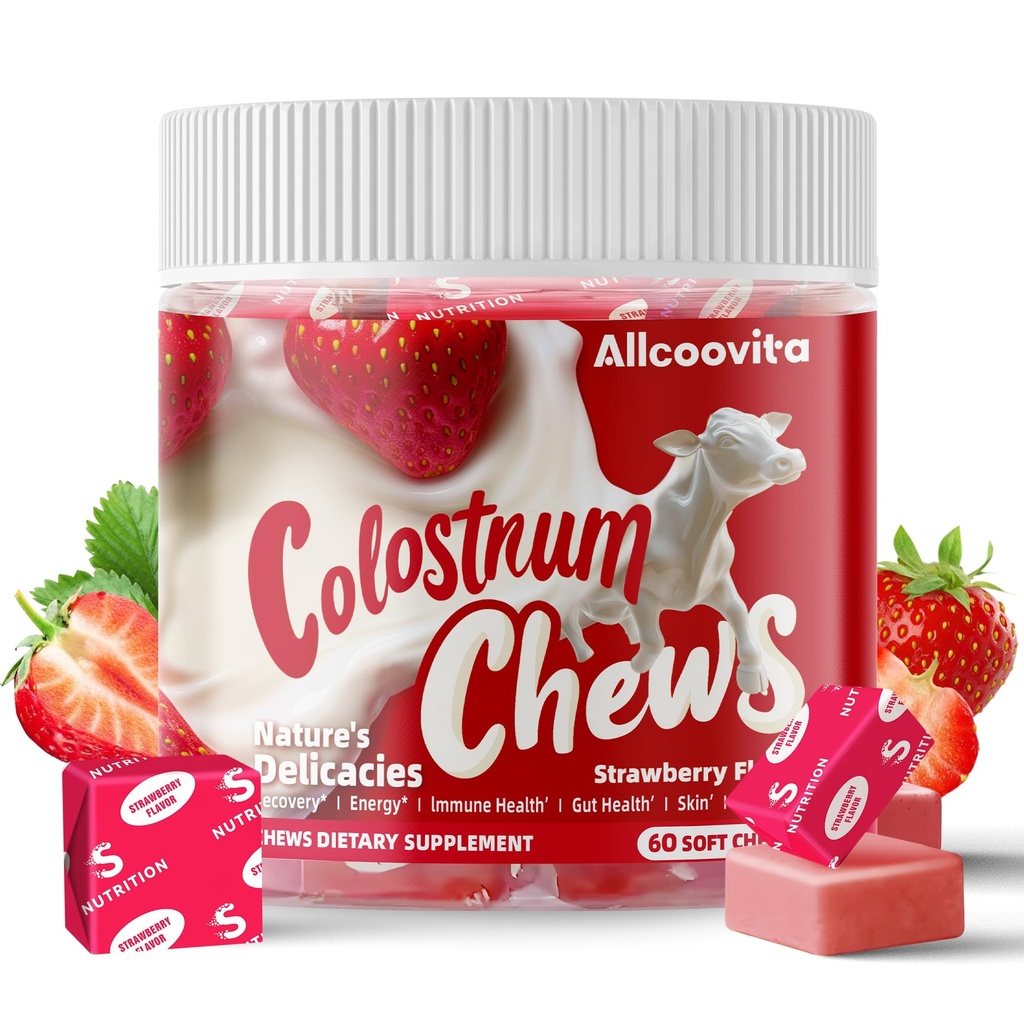 Bovine Colostrum Chews תוספת עם פרוביוטיקה לבריאות Gut, Bloating, Immune Support, Skin, Hair and Beauty - Strawberry Flavor (60 משרתים)