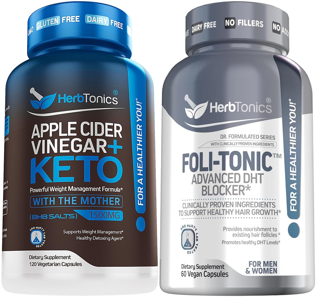 Herbtonics Apple Cider Vinegar קפסולות פלוס Keto BHB | Fat Burner & Weight Loss תוסף לנשים וגברים - Foli-Tonic DHT Blocker & Hair Loss