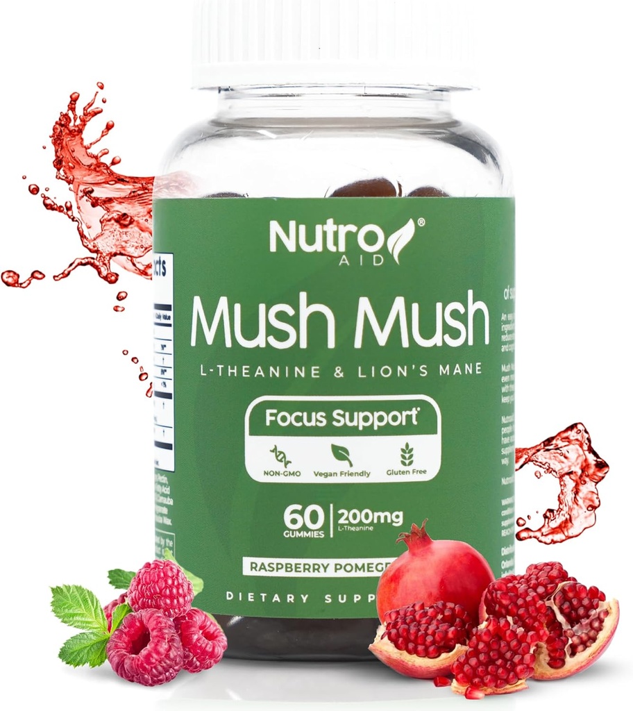 Lions Mane תוסף - Mushroom Gummies - Mush Mushrooms Magic Mind - מקדם להתמקד עם L-theanine & Lions Mane - Raspberry & Pomegranate Flavor עבור Perk אנרגיה - 60 מסטיקנים