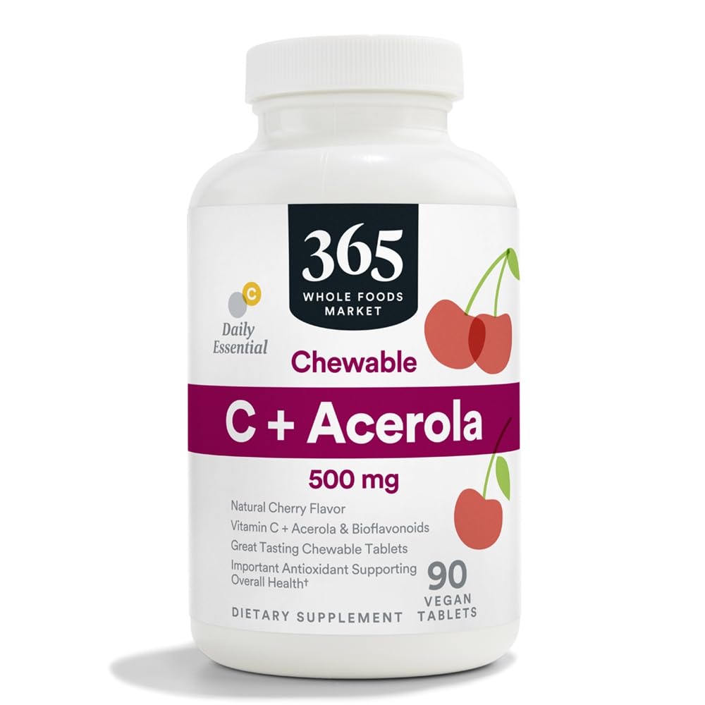 365 על ידי Whole Foods Market, Chewable C + Acerola C 500 מ"ג, דובדבן טבעי, טבעוני, 90 טבליות