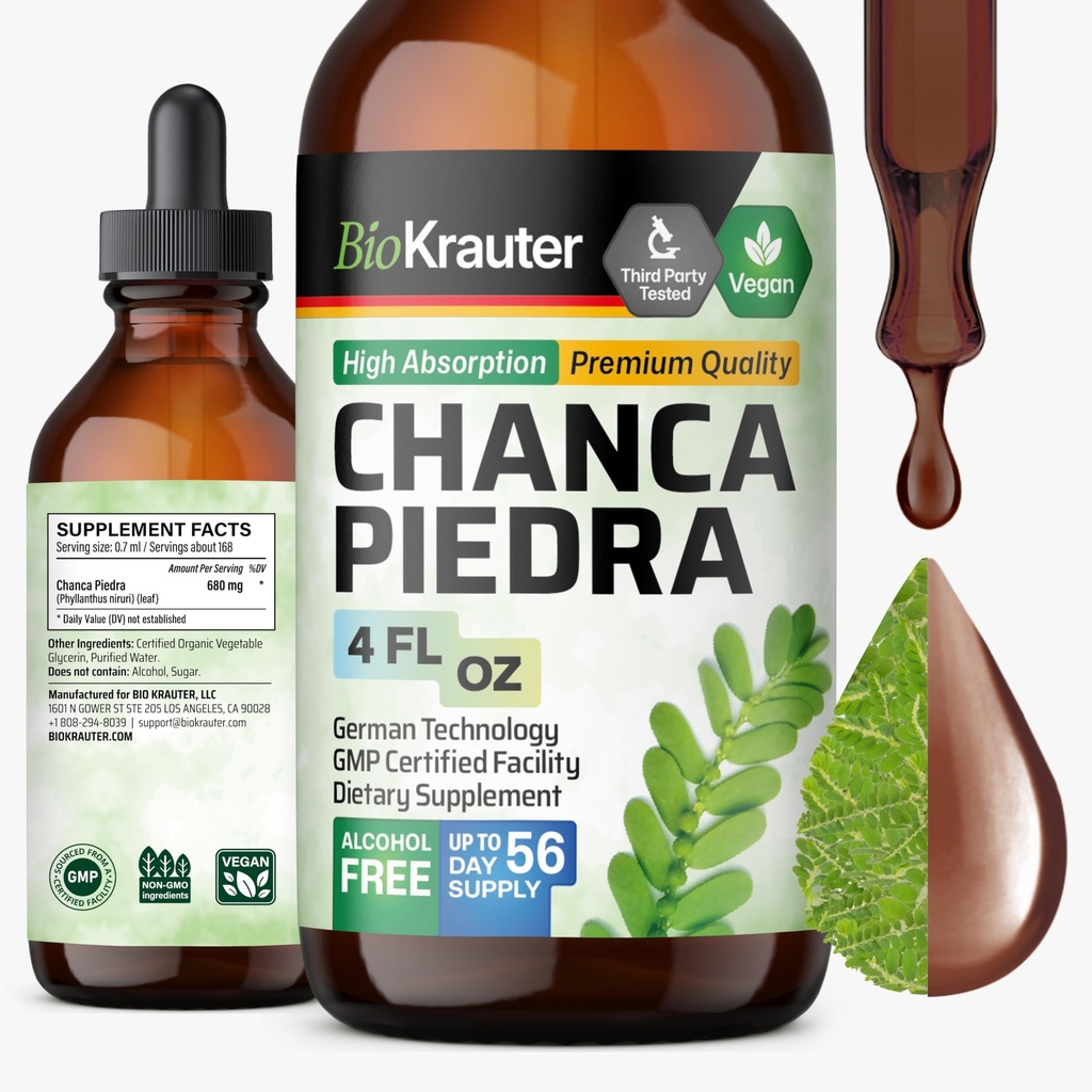 BIO KRAUTER Chanca Piedra Tincture - Natural Kidney Health Support Liquid - Chanca Piedra Stone Breaker & Gallbladder ניקוי פורמולה - טבעוני, אלכוהול & סוכר טיפות - 4 oz