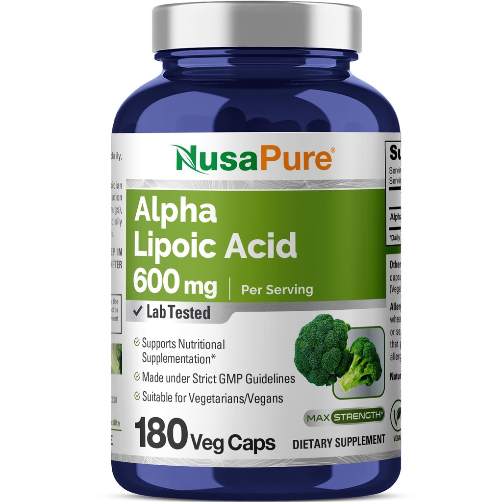 NusaPure Alpha Lipoic Acid 600 מ"ג לשרת 180 קפסולות Veggie (Vegetarian, non-GMO, טבעוני)