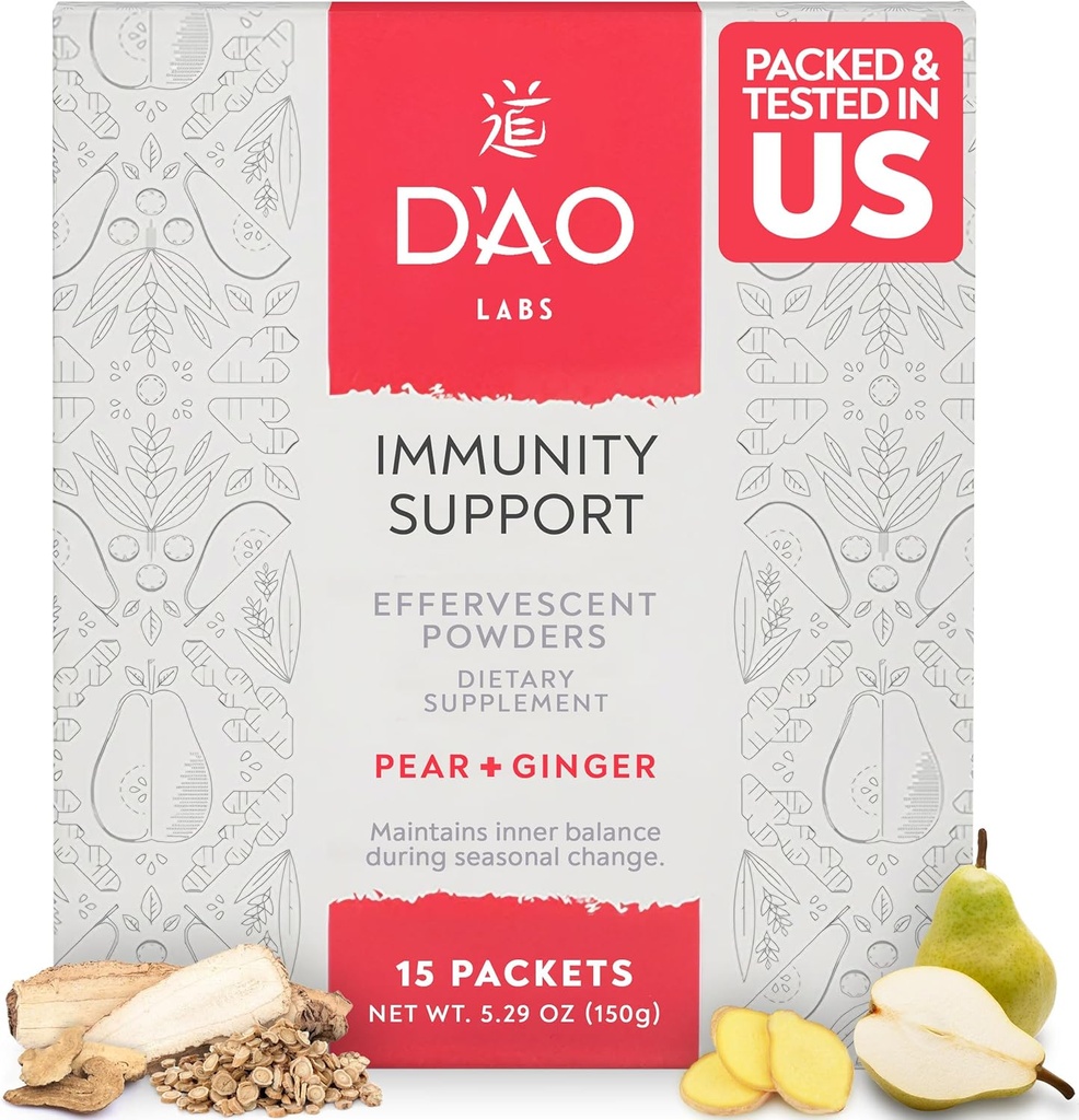 D'AO Labs Immunity Support - Immunity Boost - Effervescent Immunity Supportאבק - יו פינג פנג סן צמח סיני מסורתי - אבקה עשירה עם Pear-Ginger Flavor - 15 משרתים בודדים