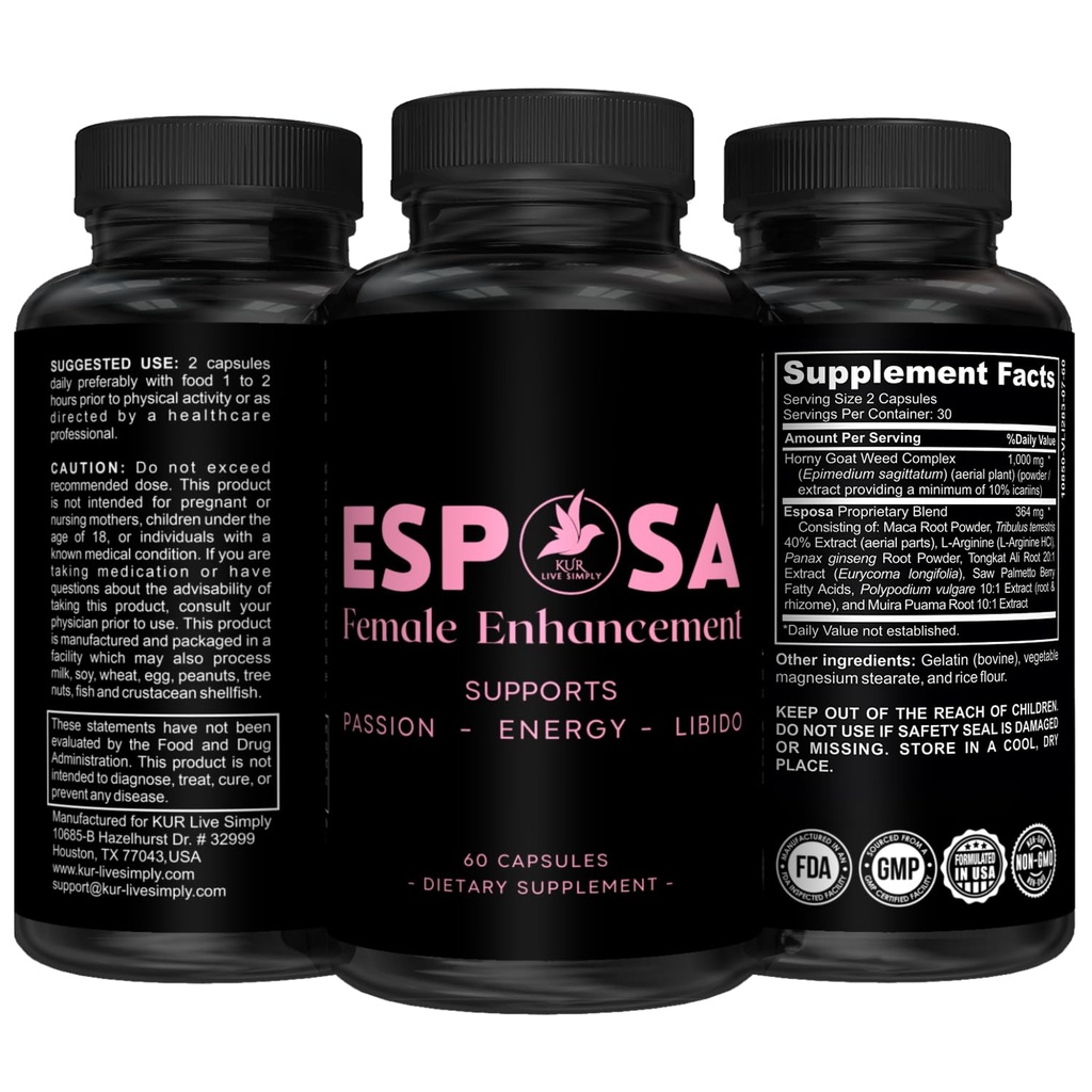 Esposa נקבה Libido Booster עבור נשים - תשוקה מרגיעה, להגביר את האנרגיה ואת הרגישות, Boost Mood & Desire - Made in USA Natural Women Enhancement Pills with Horyt Weed - 60 קפסולות