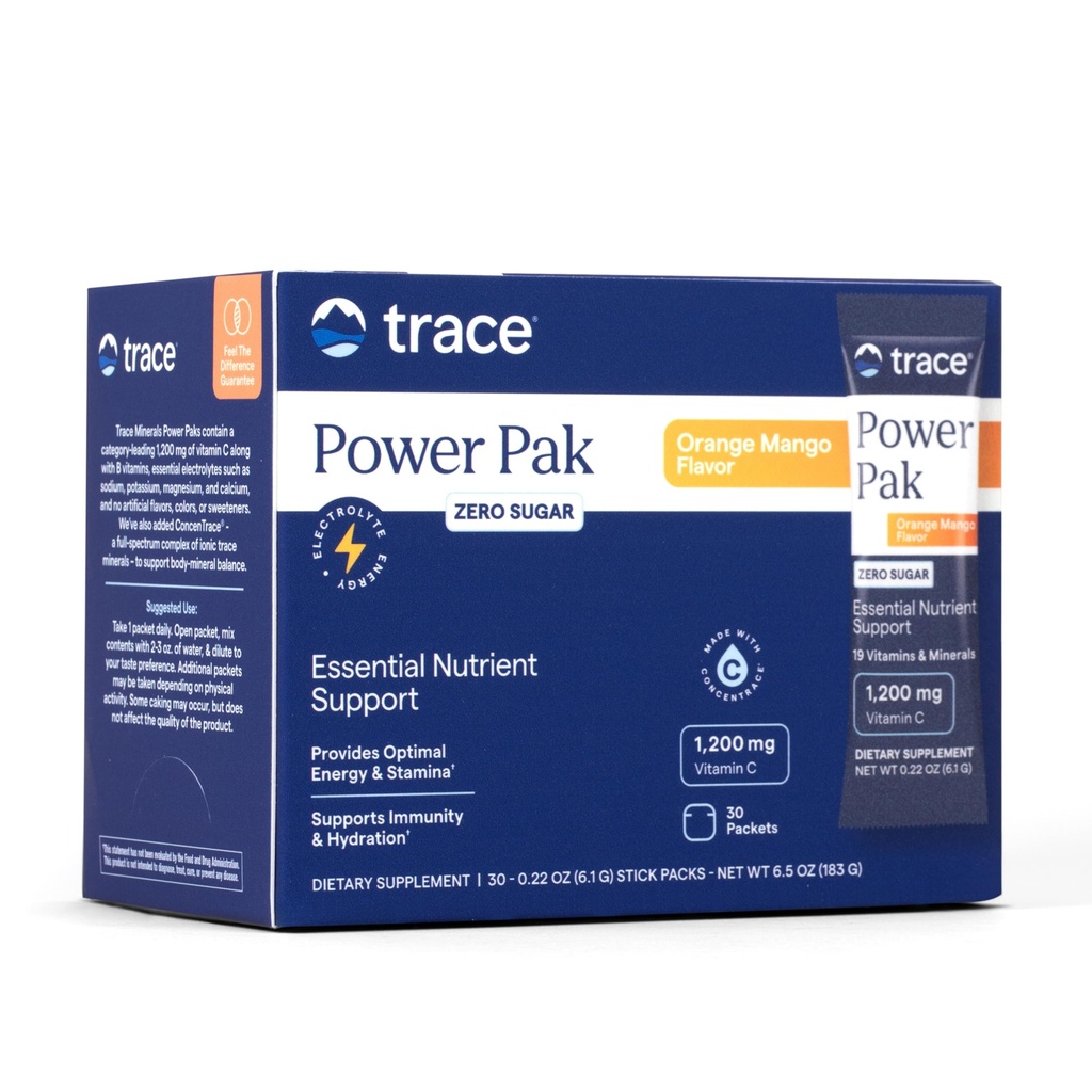 Trace מינרלים Power Pak Multivitamin ו- Multimineral Packets - תמיכה אלקטרוליטית - 1200 מ"ג ויטמין C Plus 70 סוכר חינם - מנגו פלאמור - 30 Packets