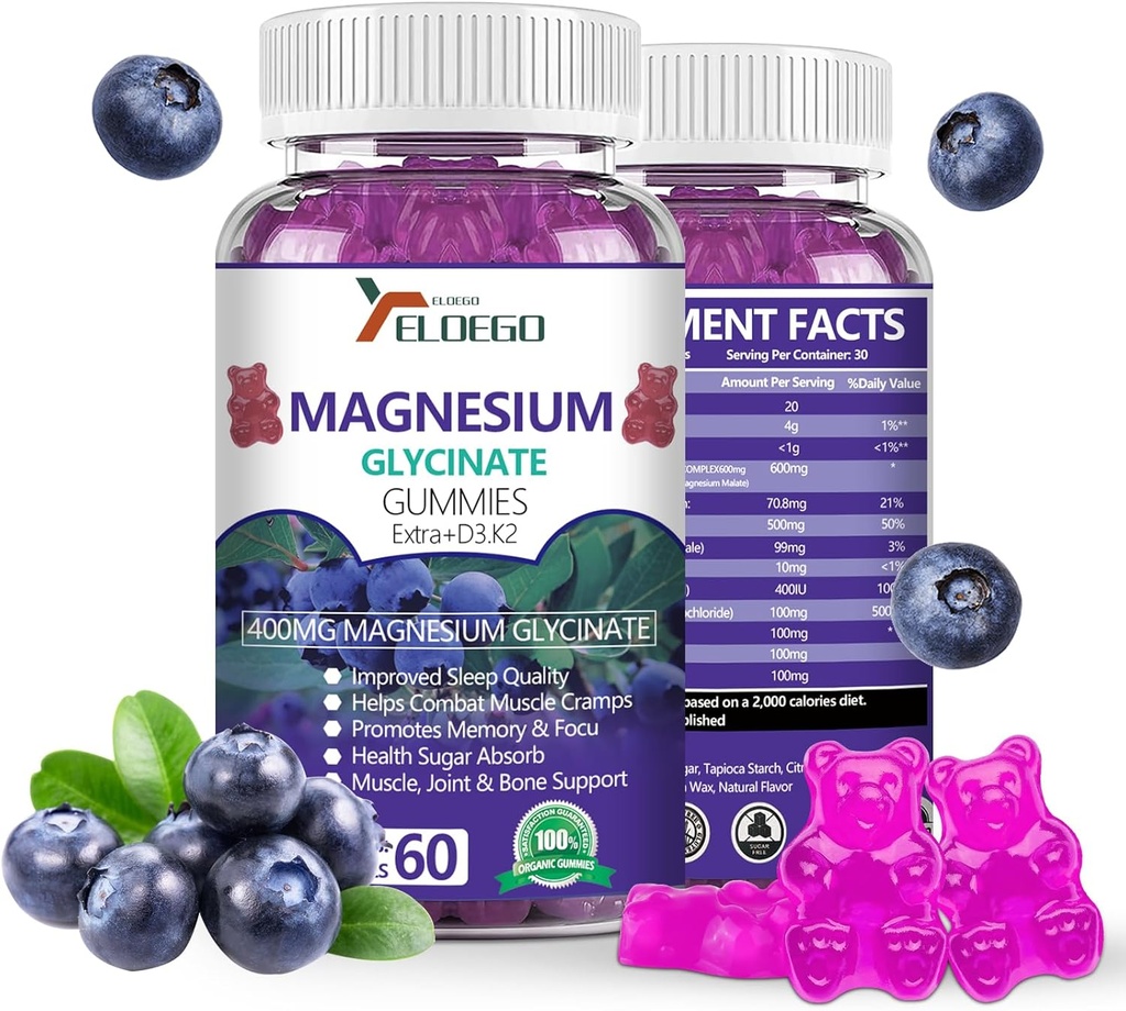 Magnesium Gummies 600 מ"ג ל-Magnesium Glycinate 400 מ"ג ומגנזיום Malate 200 מ"ג, תוספת K2 & D3, High Absorption Magnesium for Sleep,Stress Relief, Nerve Support, Blueberries (60 CT)