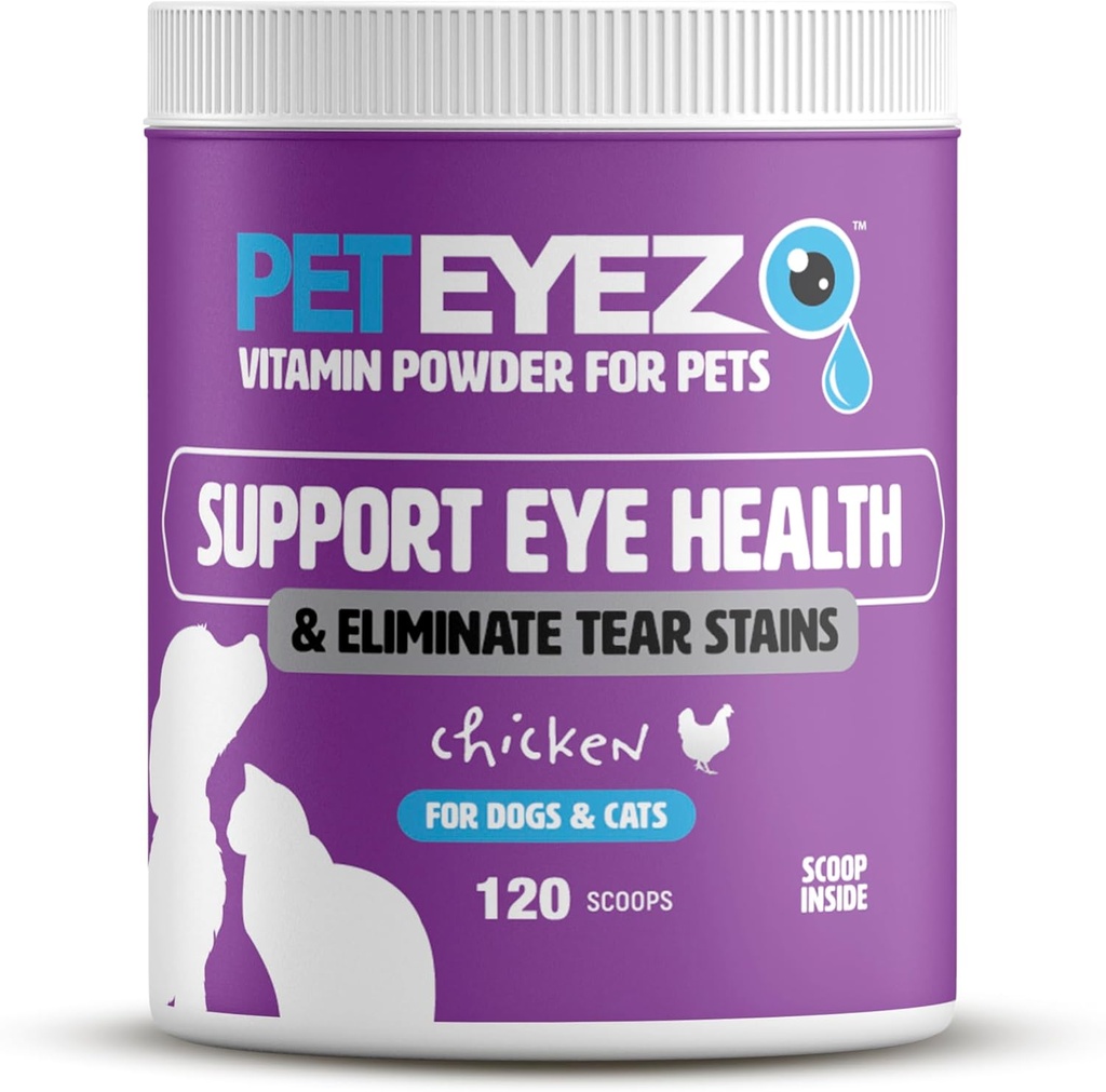 אבקת ויטמין Pet Eyez עבור חיות מחמד - תמיכה בריאות העין ולהפחית Tear Stain Buildup - 100% מזון טבעי עבור כלבים וחתולים עם Superfoods, Antioxidants & Foodsents - עוף פלאמור - 120 Scoops