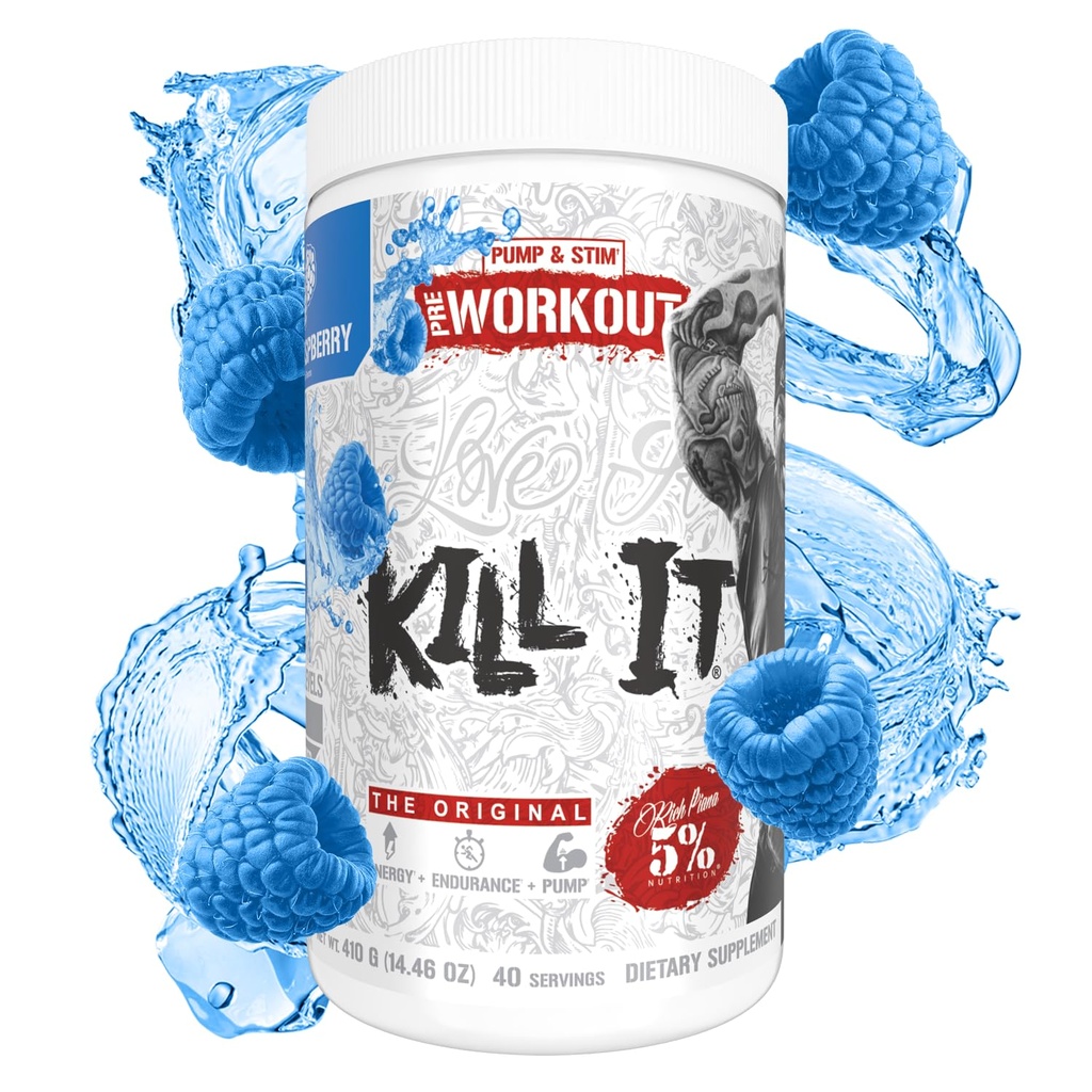 5% תזונה עשירה Piana Kill It Pre Workout אבקת w/Creatine, Caffeine, Beta Alanine, Hydroprime Glycerol עבור משאבה, כוח, אנדורנס | 20/40 Srvgs (40 משרתים, Blue Raspberry)