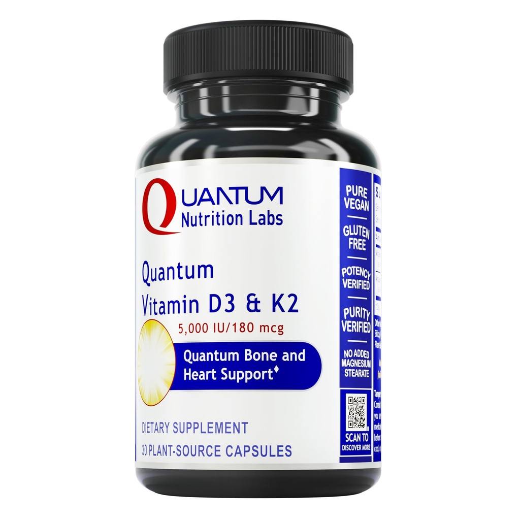 Quum Nutrition Labs ויטמין D3 ו- K2 תוסף - תמיכה בריאות העצם והלב לנשים וגברים, 5000 IU, ויטמינים טבעוניים, מאפשר Calcium Absorption, Gluten-Free - 30 כמוסות המבוססות על צמחים