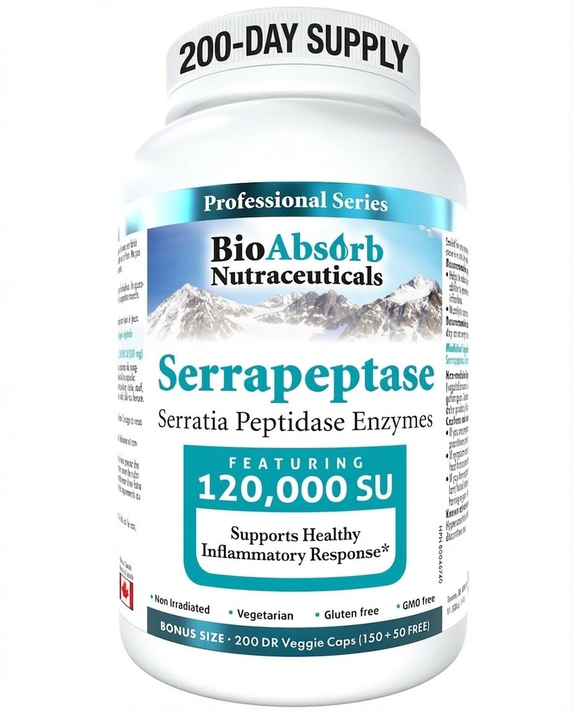Bio Absorb Serrapeptase Enzyme, High Potency 120000 יחידות (SPU), אספקת 200 ימים, עיכוב שחרור קפסולות צמחוניות (DRcaps) עבור Absorption מקסימלית