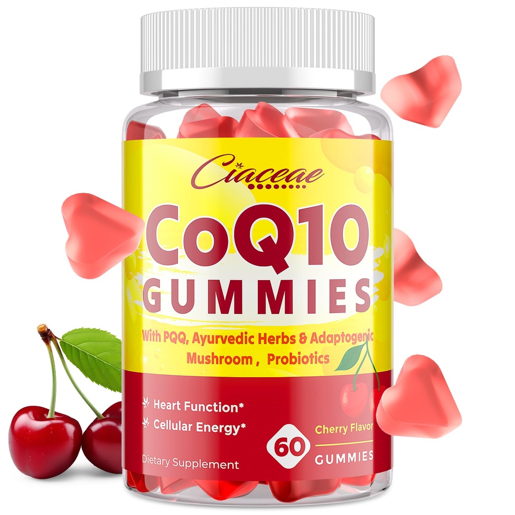 CoQ10 חניכיים עם PQQQ - 400 MG Coenzyme Q10 High Potency, משופרת עם Ayurvedic Herbs, התאמת Mushroom ו פרוביוטיקה עבור הלב, המוח, האנרגיה, Immunity, Cherry Flavor, 60 חניכיים טבעוניות