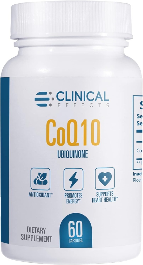 השפעות קליניות תוסף CoQ10 - Coenzyme Q10 200 מ"ג - 30 יום אספקה - Ubiquinone Antioxidant תוסף לבריאות הלב, פונקציות קוגניטיביות ותמיכה אנרגיה - 1 קפסולה ביום - מיוצר בארה"ב