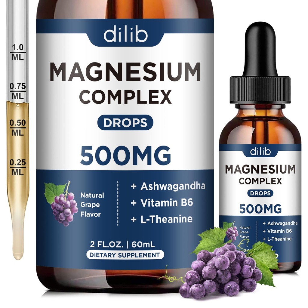 Magnesium Glycinate נוזל טיפות, Magnesium Glycinate תוספת 500 מ"ג עם Citrate, Malate, Ashwagandha, L-theanine, ויטמין B6 לשינה, הקלה מתח, עצם, שרירים, Mood, Grape Flavor 2 Fl Oz Oz
