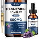 Magnesium Glycinate נוזל טיפות, Magnesium Glycinate תוספת 500 מ"ג עם Citrate, Malate, Ashwagandha, L-theanine, ויטמין B6 לשינה, הקלה מתח, עצם, שרירים, Mood, Grape Flavor 2 Fl Oz Oz