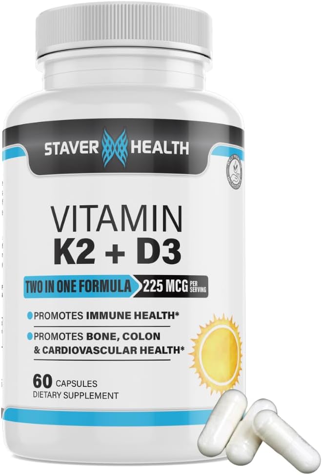 ויטמין K2 D3 w/Calcium ו- Bioperine, ויטמין K2 (MK7) עם D3 תוסף non-GMO, ויטמין D3, K2 MK-7 קל ל-Swallow ויטמין D & K Complex, 60 קפסולות