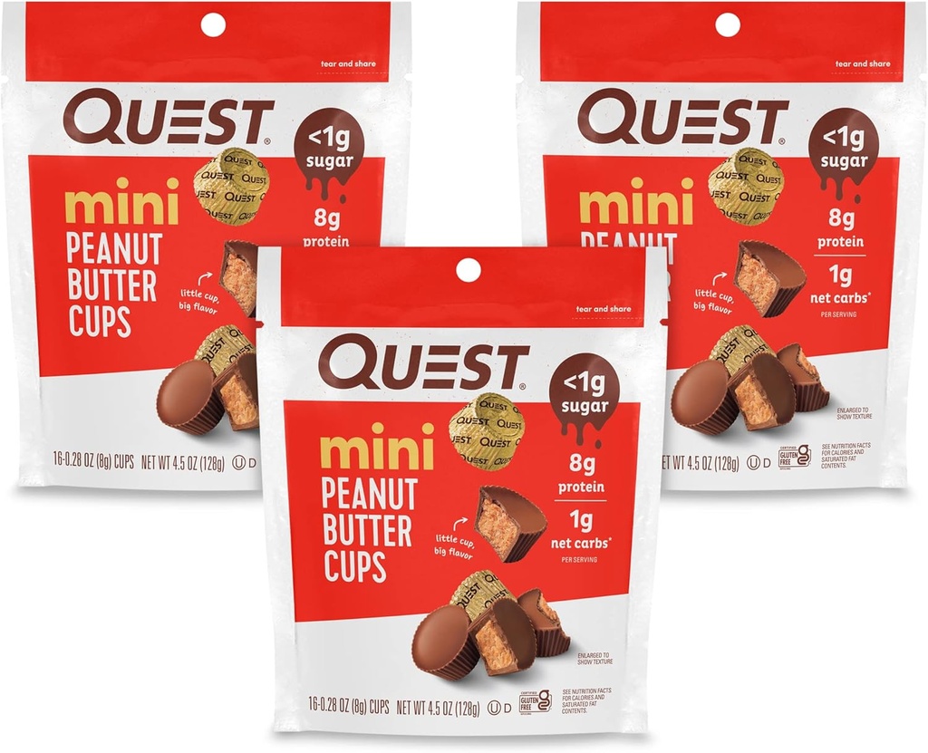 Quest Nutrition Mini Peanut Butter Cups, חלבון גבוה, Low Carb, Gluten Free, 16 Count (Pack of 3)