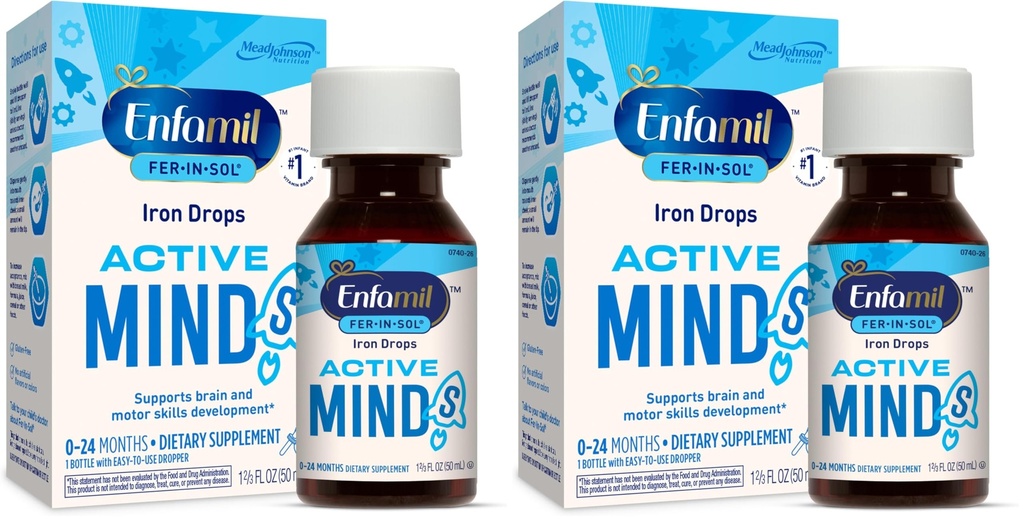 Enfamil Fer-in-Sol Iron תוסף טיפות עבור תינוקות ופעוטות, תומך בפיתוח המוח, 50 mL Dropper בקבוק (Pack of 2)