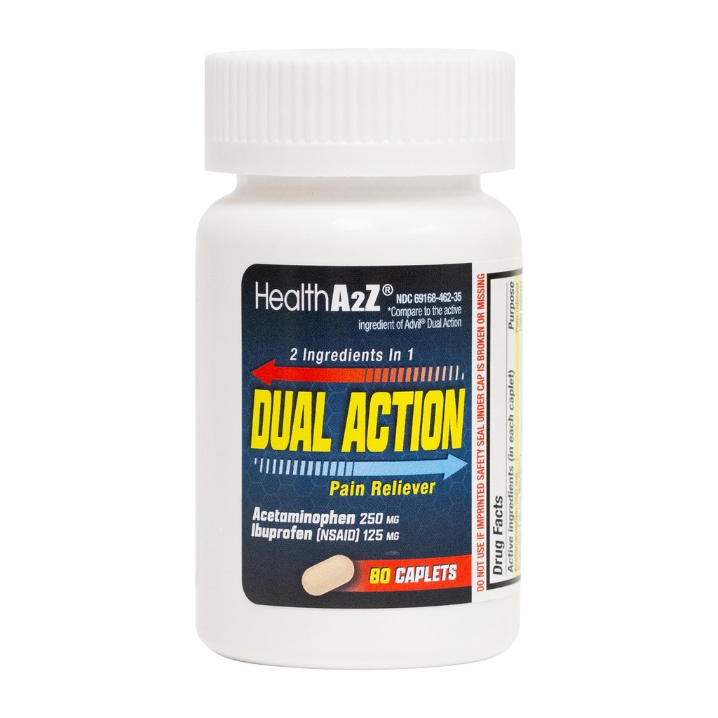 HealthA2Z® Double Action Pain Relief | Acetaminophen 250mg & Ibuprofen 125 מ"ג (NSAID) | Two Medicines for Headache, Fever & Backache הקלה