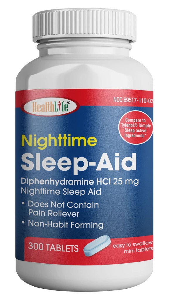 HEALTH LFE HealthLife® Sleep Aid (Diphenhydramine HCl Caplets, 25 מ"ג כחול) 300 Count
