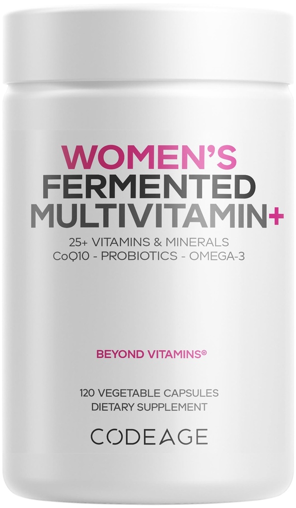 Codeage Women's Daily Multivitamin, 25+ ויטמינים ומינרלים, Fermented, Organic Whole Foods, Probiotics תוסף - ויטמין A, B, C, D, E & K, אומגה 3, Zinc - טבעוני - 120 קפסולות