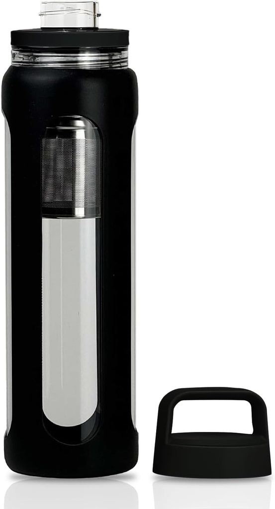 20oz Glass Water Bottle with Silicone Op, 600 מ"ל מאג עם 2 Tier Lid (Wide Mouth and Small Mouth Straight Drink) with Tea Leakבק - פעילויות יוגה בחוץ (Black)