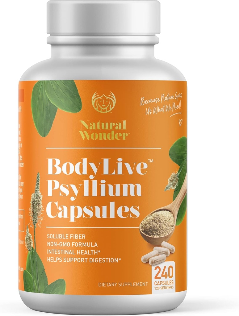 Body Live Psyllium Husk סיבים קפסולת non-GMO 725 מ"ג, 240 קפסולות (1450 מ"ג / שימור, 120 משרתות) תוספת של ניקוי קולון, סדירות, בריאות, Prebiotic, Laxative, Heart Health Health