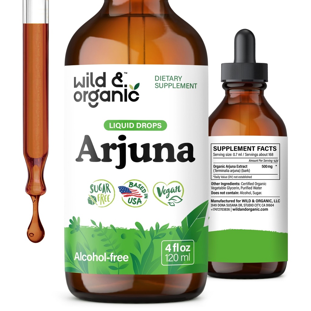 Wild & Organic Arjuna Bark Tincture - סך הכל תוסף של Well-Being - אלכוהול חינם טיפות - טרמינליה Arjuna Bark Extract - No Sugar & Additives, Non-GMO - 4 oz