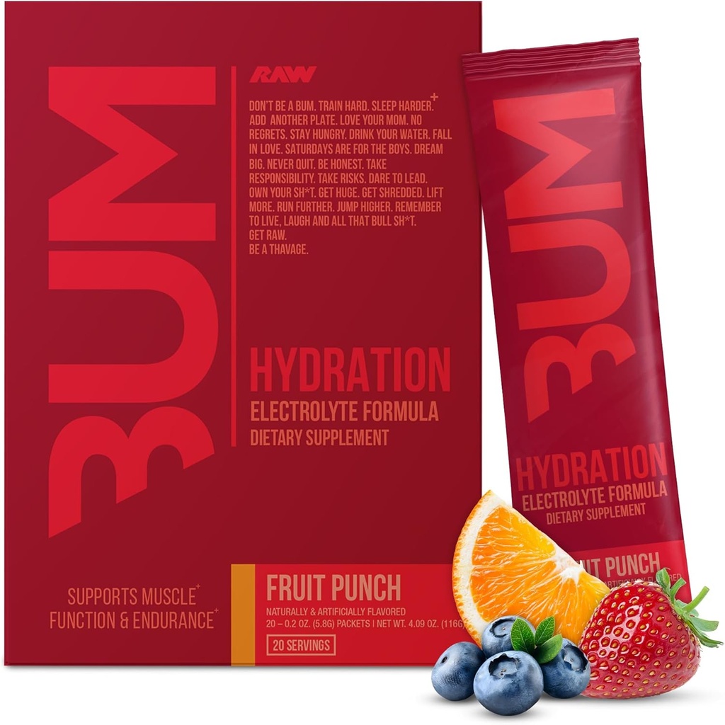 RAW אלקטרוליטים אבקת הידלה לשתייה Mixets, BUM hydrote (Fruit Punch, 20 משרתות) - חבילות הידרה אלקטרוליטית תומך בתפקוד השרירים & Endurance - Keto Free Electrolytes אבקת Packets