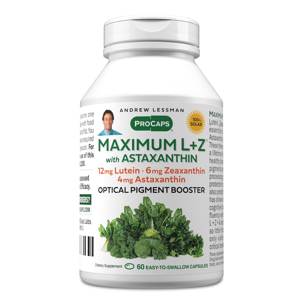 ANDREW LESSMAN מקסימום L+Z עם Astaxanthin 60 Softgels - 12 מ"ג Lutein, 6mg Zeaxanthin, 4mg Astaxanthin. חומרים מזינים מרכזיים לתמיכה בבריאות העיניים והמוח, ולקדם חזון בריא.