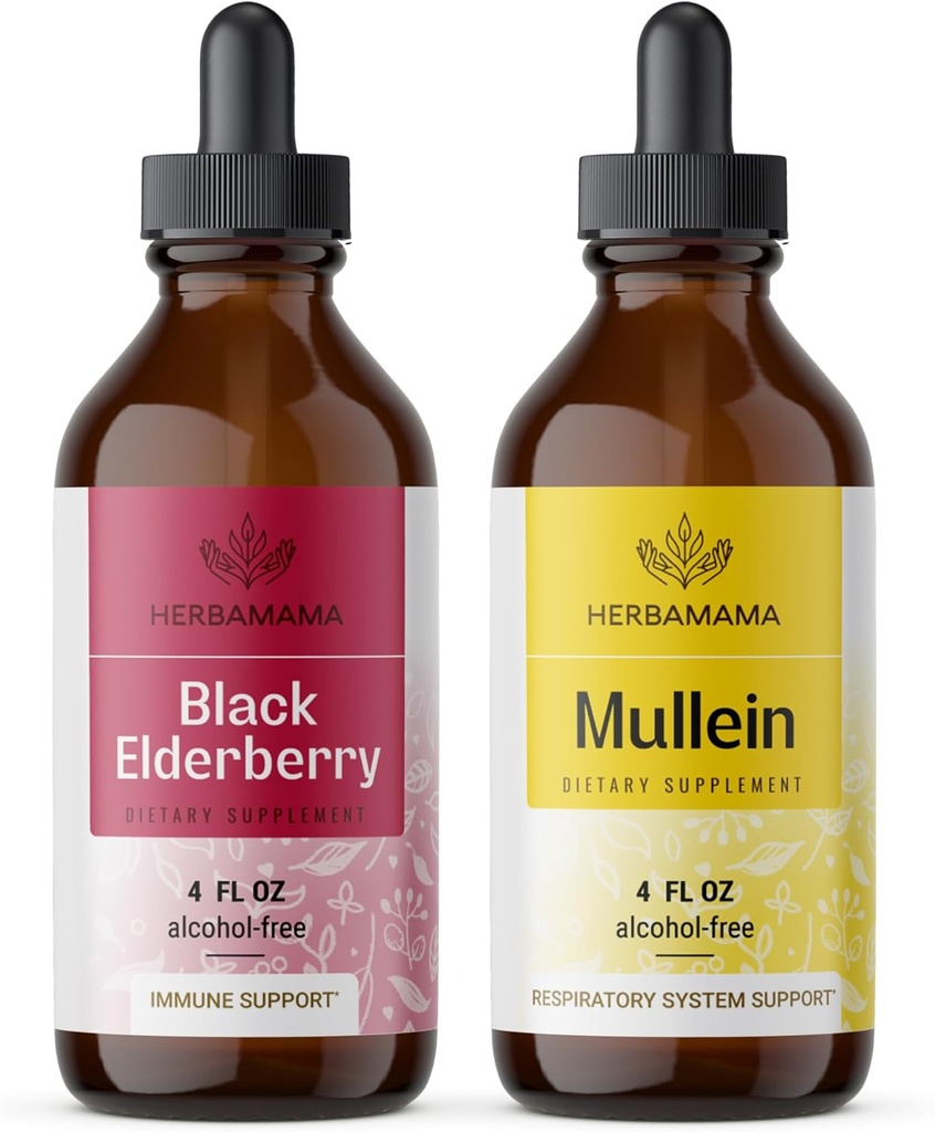 HerBAMAMA Herbal Liquid Drops Kit - Bundle של Black Elderberry לחלץ ולמולליין Leaf Tincture 4 oz - טבעוני, non-GMO, Sugar & אלכוהול חינם - 2 Pack