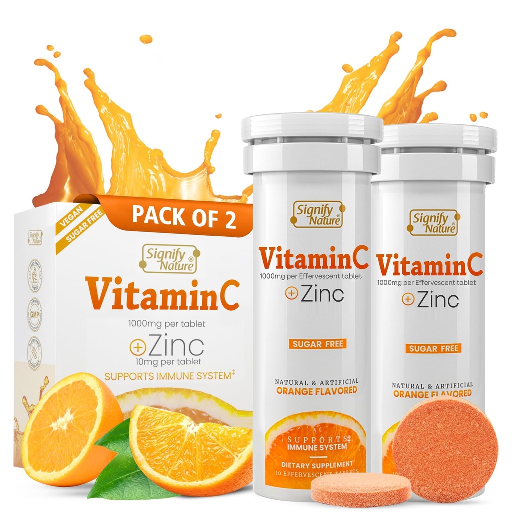 SIGNIFY NATURE ויטמין C 1000 מ"ג Effervescent Tablets - תמיכה בשומן VIT C עם תוסף Znc - Sugar-Free & Vegan Formula | Dissolvable ויטמין C Tablet - Water Soluble Fizzy Elixir - 20CT