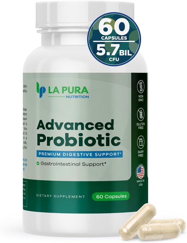 LaPura Advanced Probiotic - Premium Digestive Support for Gut & Immune Health, 60 קפסולות - 5.75 מיליארד CFU Probiotics כולל DE111 Strain (Bacillus subtilis) - Non-GMO, Gluten-Free, Made in USA