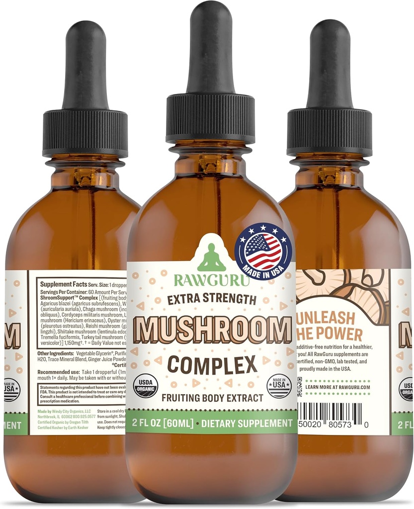 RawGuru אורגני Mushroom Complex Tincture - אורגני Mushroom Extract with Trace מינרלים - Nano-Processed Cognitive & Immune תמיכה תוסף - 60 מנות של טיפות טבעוניות ל 60 מ"ל, Pack של 1 1