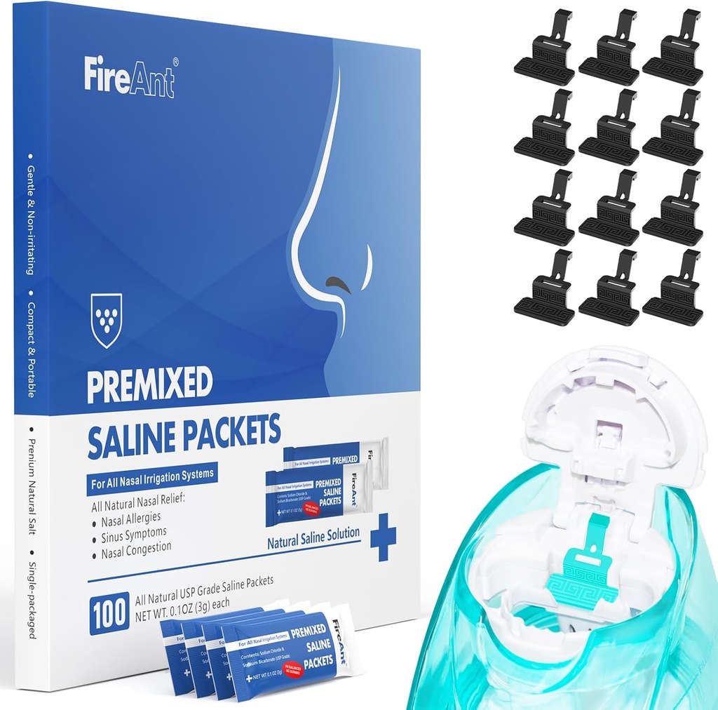 FireAnt 100 Saline Packets ו- 12 Reusable Saline Pods Refills Set, Compatible with Navage Nasal Care - כולל 100 ספירת מלחים Sinus Rinse + 12 Pack Silicone Salt Pads Refill בשחור שחור