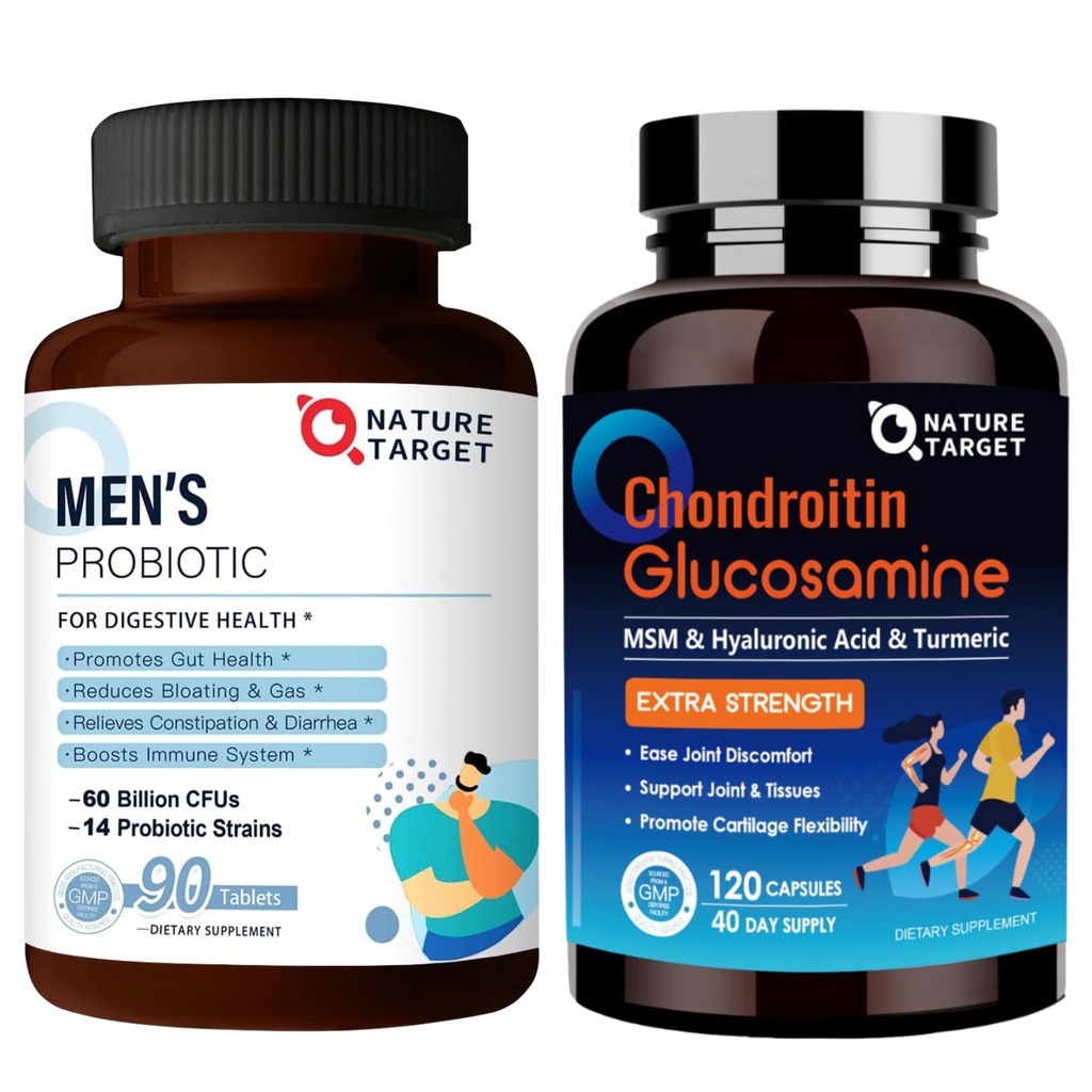 NATURE TARGET Probiotics לגברים עם תוספת של Men Care, Glucosamine Chondroitin MSM, תוסף תמיכה משותף, Shellfish Freefish