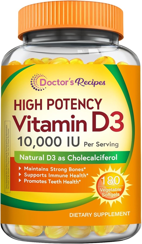 המתכונים של הדוקטור ויטמין D3 10000 IU, Bones, שיניים, ו- Immune Support, non-GMO, No Gelatin, Gluten or Soy, 90 Days Supply, 180 Vegetarian Softgels