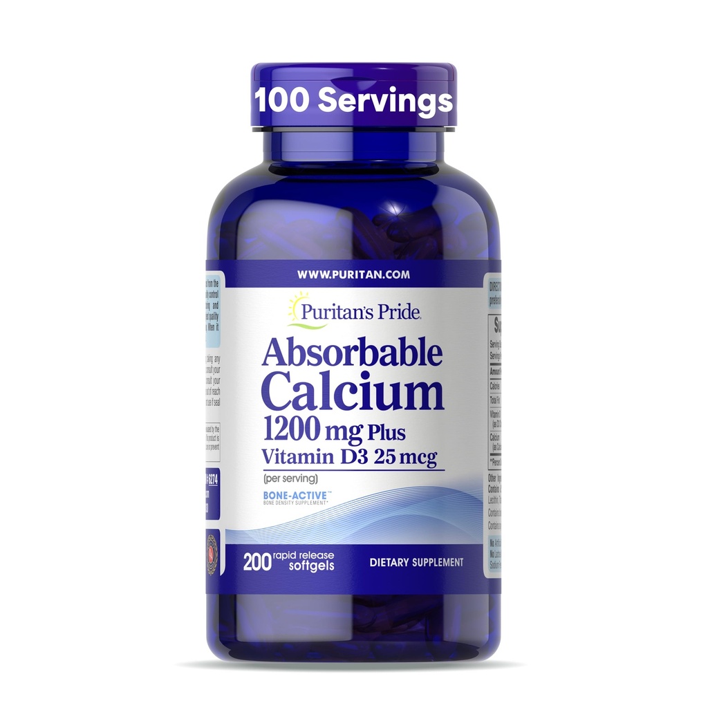 גאווה של Puritan's Pride Absorbable Calcium 1200 מ"ג פלוס ויטמין D3 25mcg 1000 IU עם Bone-ActiveTM, 200 Softgels שחרור מהיר