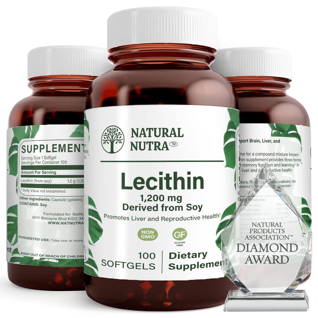 טבעי Nutra Soy Lecithin 1200 מ"ג תוספת תזונה - תפקוד המוח, בריאות חי, בריאות השד, זיכרון Boosting תוסף - Gluten-Free, BPA-Free, 100 Softgels בבקבוקי זכוכית הניתנים למחזור