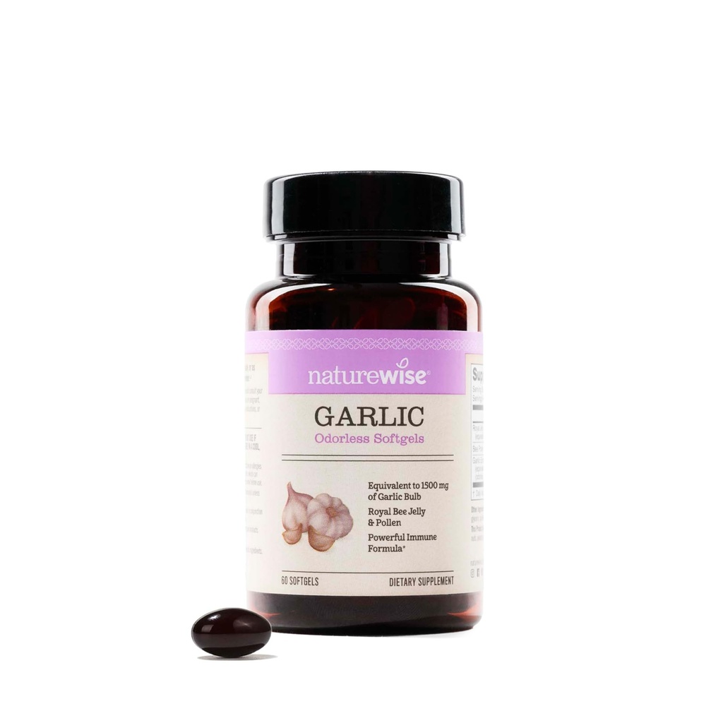 NatureWise Odorless Garlic Pills - עם Royal Bee Jelly & פולן - תוספת צמחית לבריאות הלב + Immune System + Antioxidants - Gluten Free, non-GMO - 60 Softgels[2-Month Supply]