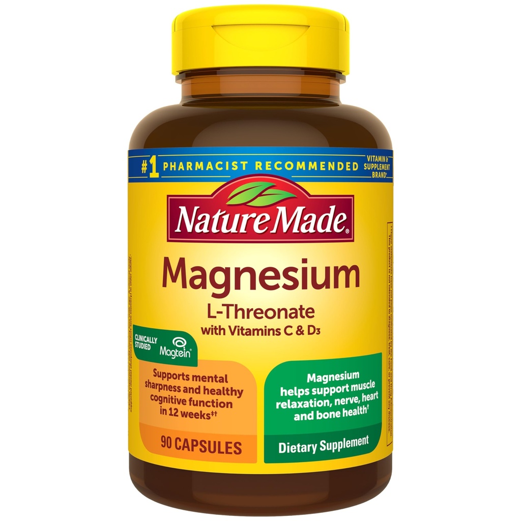 Nature Made Magnesium L-Threonate עם ויטמין C & ויטמין D3, מספק 130 מ"ג של מגנסיום L Threonate, תמיכה קוגניטיבית תוספת מגנזיום, 90 קפסולות, 30 יום אספקה