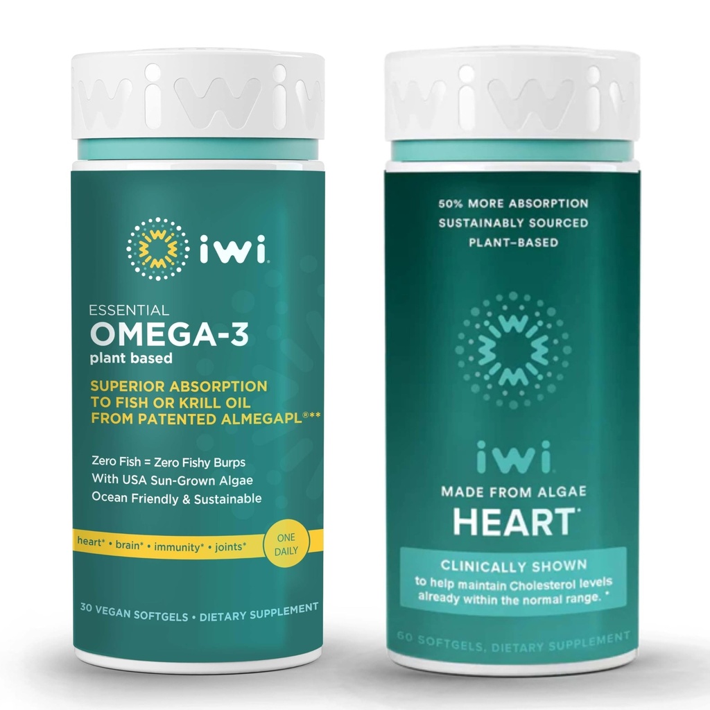 Iwi אומגה 3 Essential & Heart אומגה 3 Bundle, 30 משרתות, Algae אומגה 3, קריל & Fish שמן אלטרנטיבי, No Fishy Aftertaste