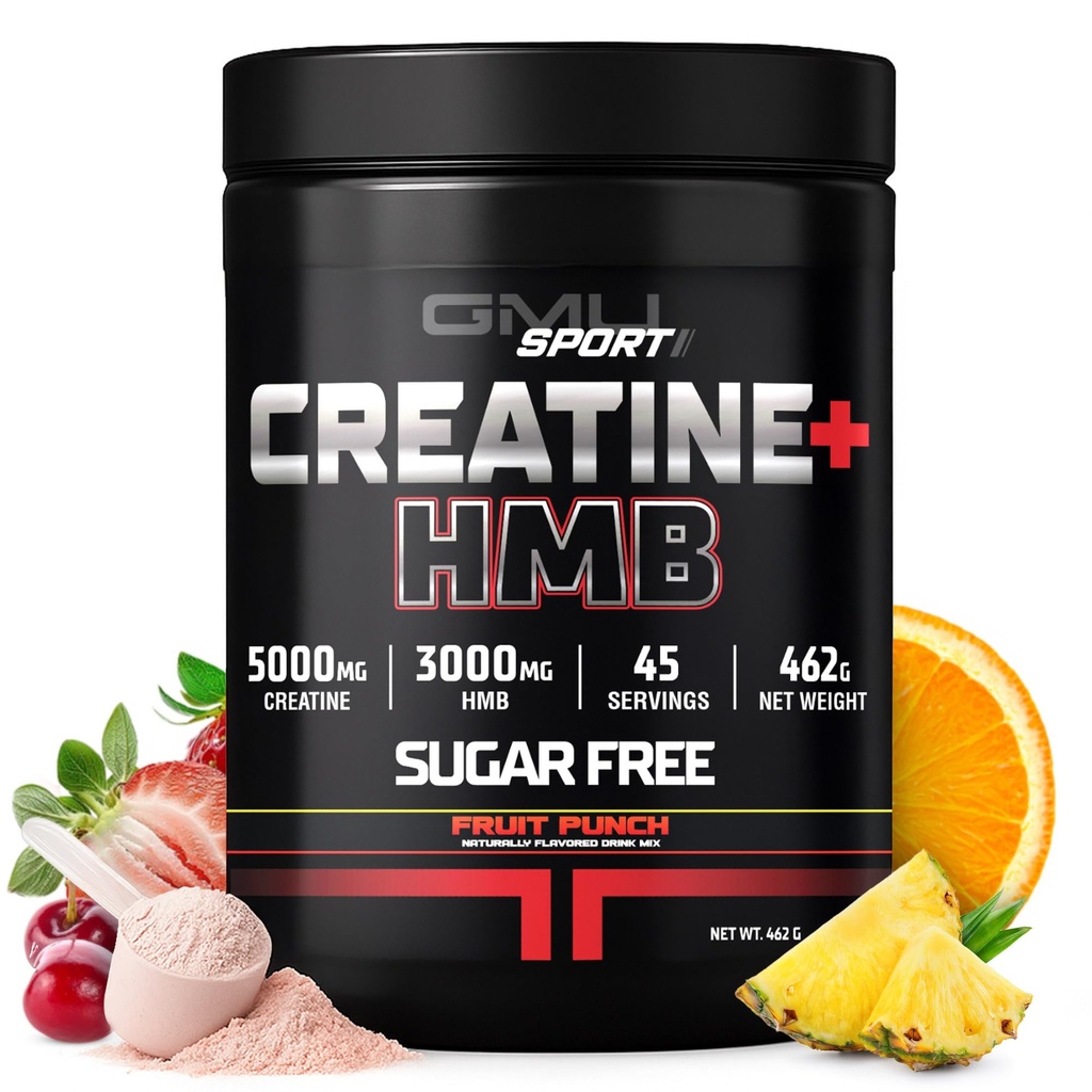 GMU SPORT - Creatine Monohydrate עם אבקת HMB - 45 משרתים, Creatine HMB תוספי, Creatine עם HMB עבור כוח מוגבר, צמיחה שרירים & אנרגיה מוגברת, 3G HMB / Fruit Punch.