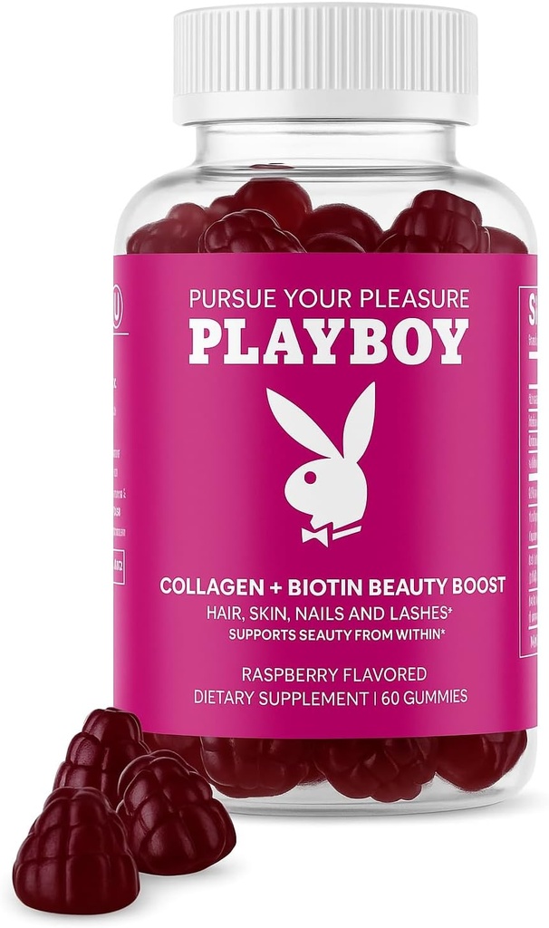 Playboy - Collagen + Biotin Beauty Boost Gummies for Hair, Skin, Nails & Lashes (60 מסטיק) - Raspberry Flavored Biotin & Collagen for Women & Men - Non-GMO, Gluten Free, Nut Free Gummy
