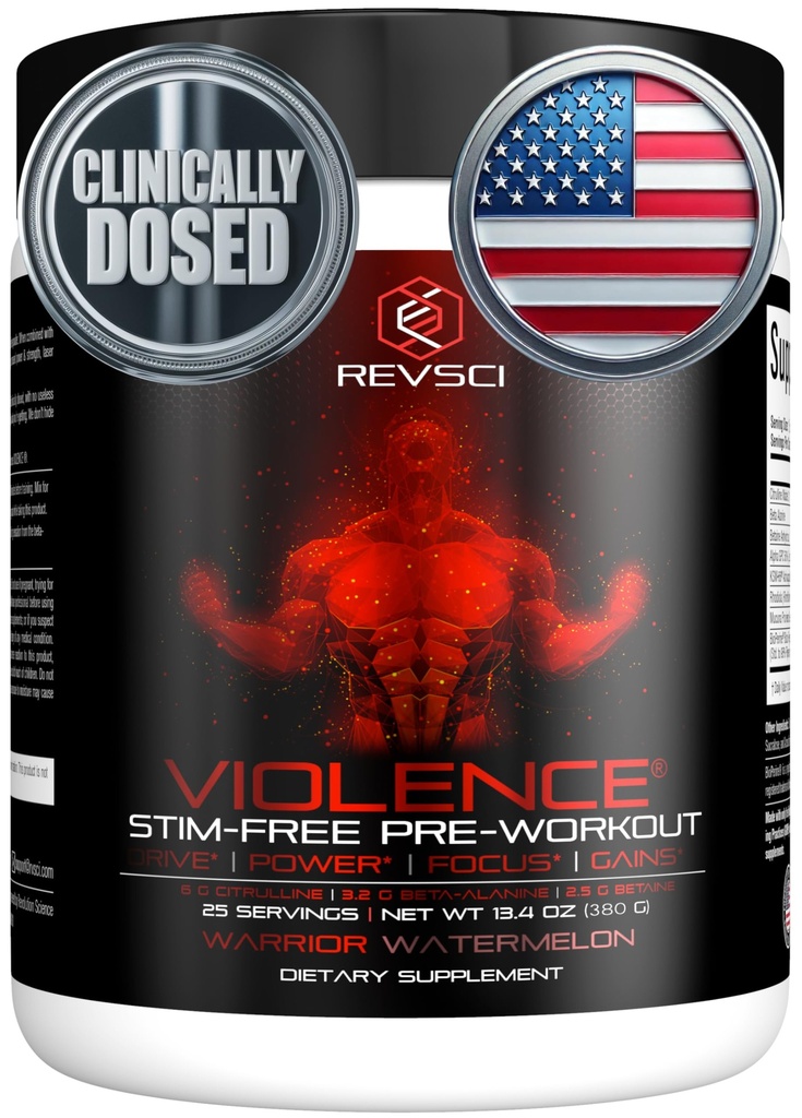 VIOLENCE Stim Free Pre Workout אבקה על ידי REVSCI, Precision Dosed Non Stim Preworkout Pump Preworkout PreWorkout Caffeine Free Preout אבקה, משאבה & Stimulant חינם Nitric, Watermelon, 25 משרתים