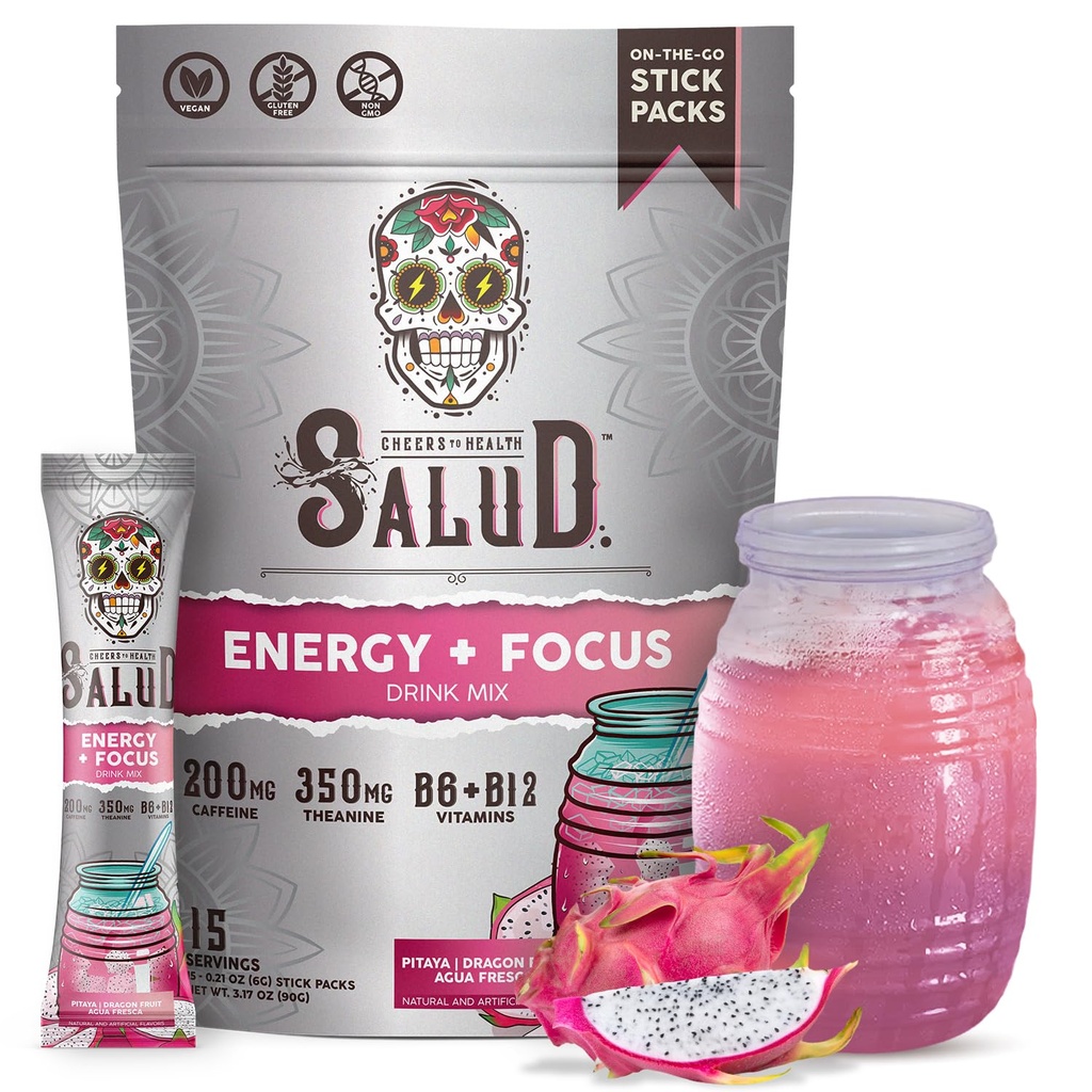 Salud 2-in-1 אנרגיה אבקה + Focus, Dragon Fruit, Organic Caffeine, B6 + B12, Theanine, נקי משקאות אנרגיה Packets, Pitaya Agua Fresca Mix, Non-GMO, Gluten Free, טבעוני, 1g של סוכר, (15 משרתים)
